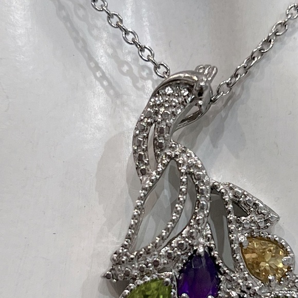 Multigemstone Silver Peacock Pendant 20” Necklace - Picture 6 of 10